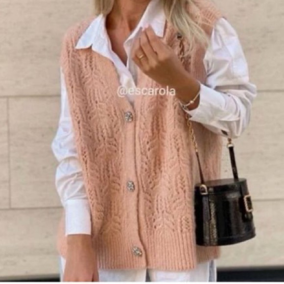 ZARA Jewel button knit vest cardigan sweater pink Sz S - Picture 12 of 13
